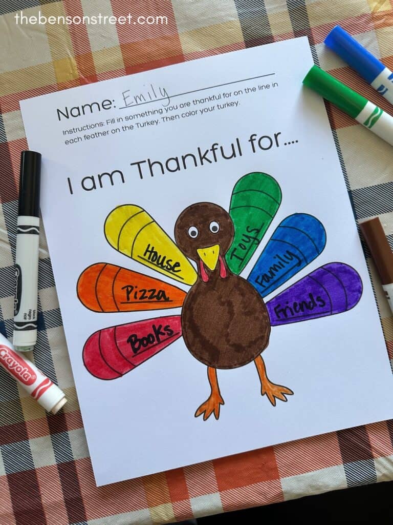 Upclose shot of a finished thanksgiving turkey coloring sheet