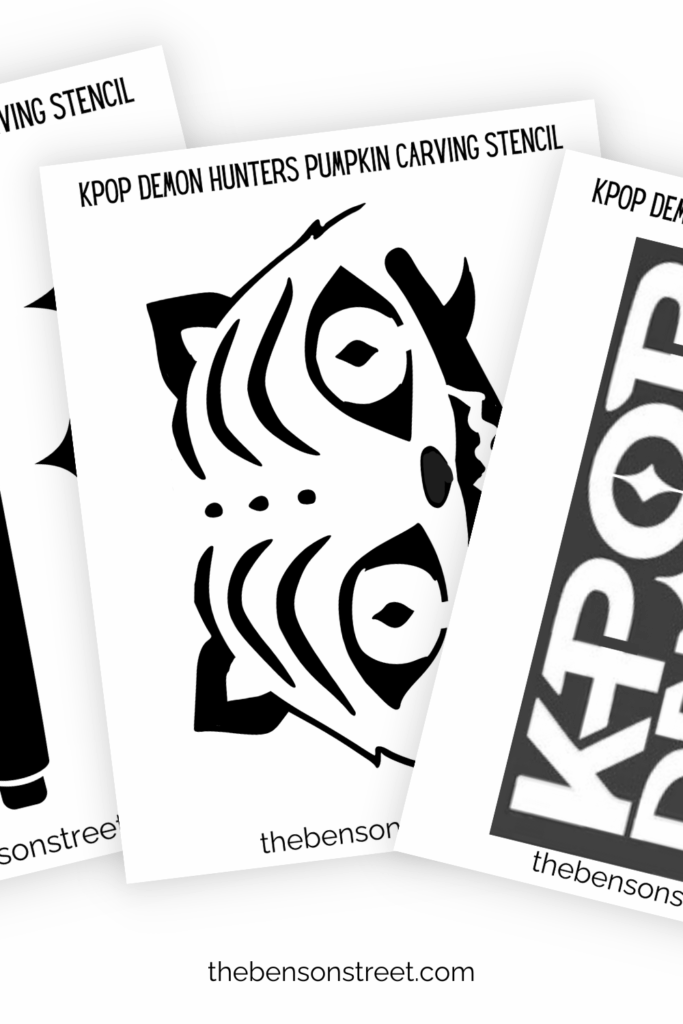 three pages of black and white designs to carve kpop demon hunter themed pumpkins
