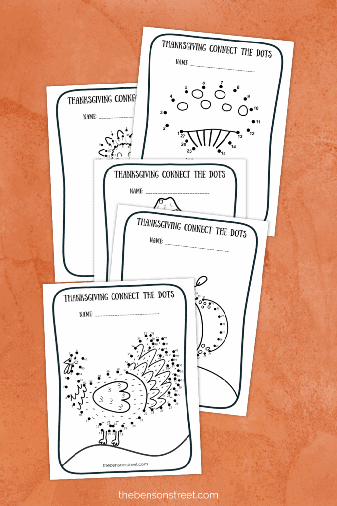 A bunch of dot worksheets for the thanksgiving holiday printed out in a stack