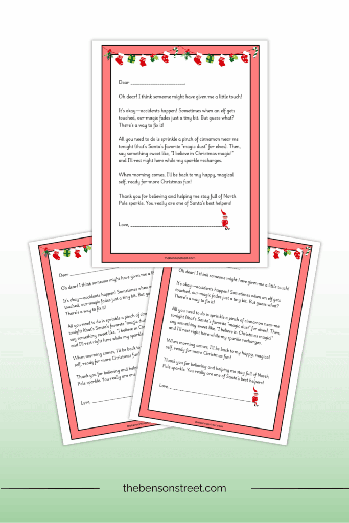 A stack of three staggered sheets of a printable elf on the shelf touched letter