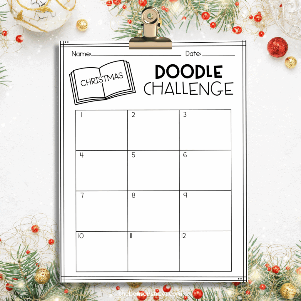 Blank Christmas doodle challenge sheet with 12 boxes to fill in