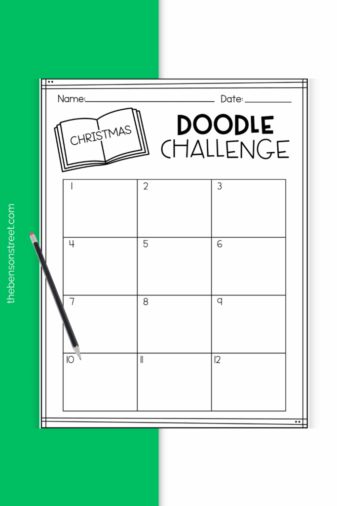 Blank page of Christmas doodle challenge spots with a pencil on top