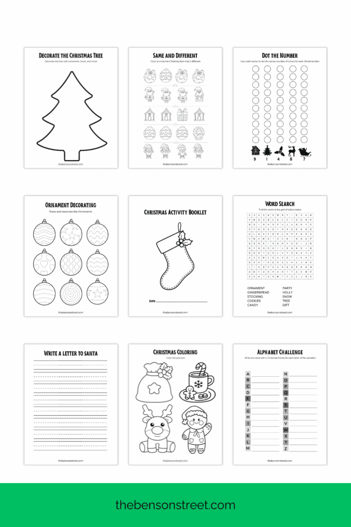 Christmas Activity Book Pages printed out and laid out in a grid