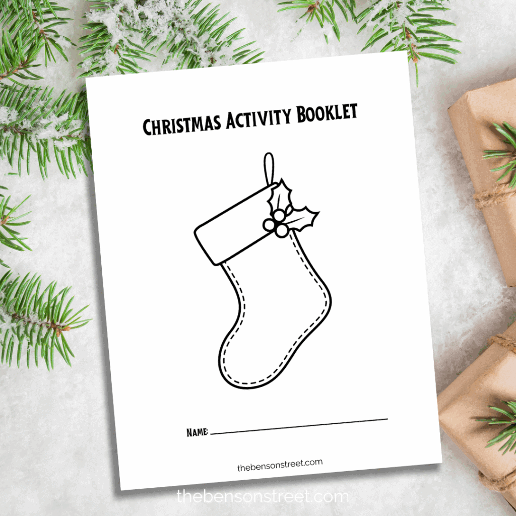 Christmas Activity Booklet Cover with a stocking on it