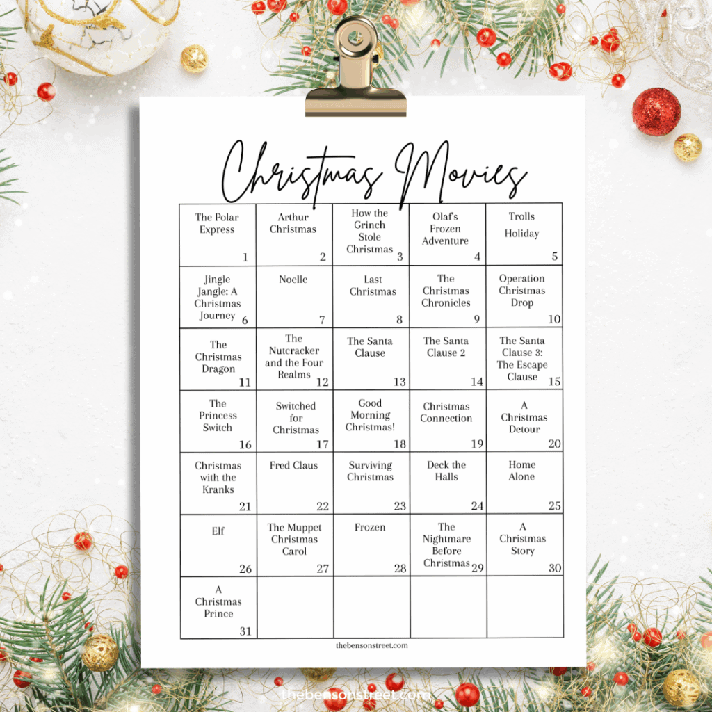 Christmas Movies Advent Calendar List on a clipboard