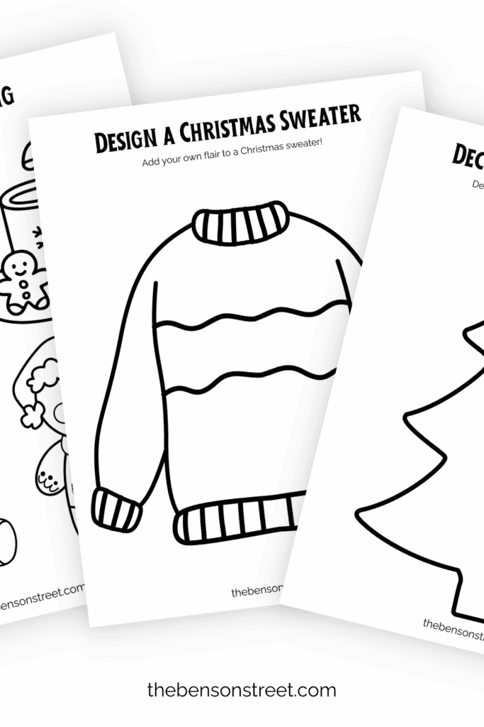 Christmas coloring activity book free printable with three pages fanned out in a stack