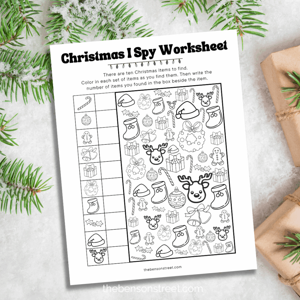 Christmas count and color i spy worksheet with holiday items
