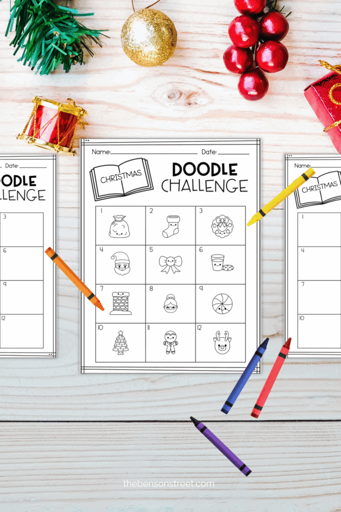 Christmas doodle challenge prompt sheet with crayons around it