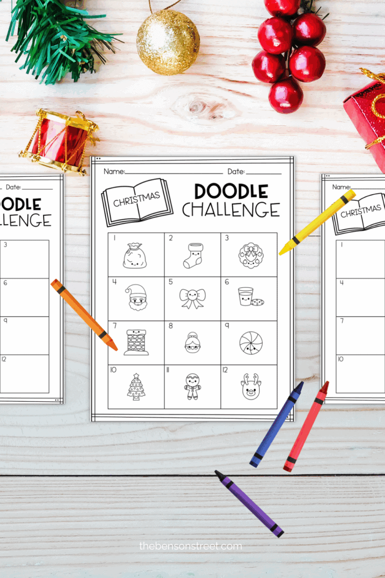 Christmas doodle challenge prompt sheet with crayons around it