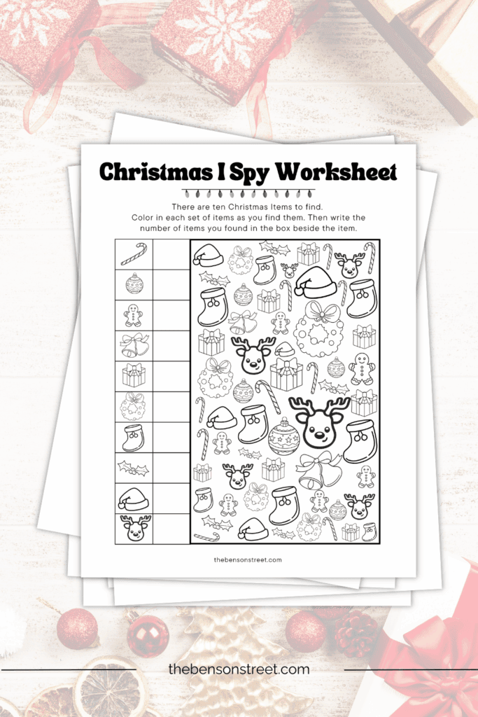 Christmas ispy worksheet for kids to count and color in items as they find them