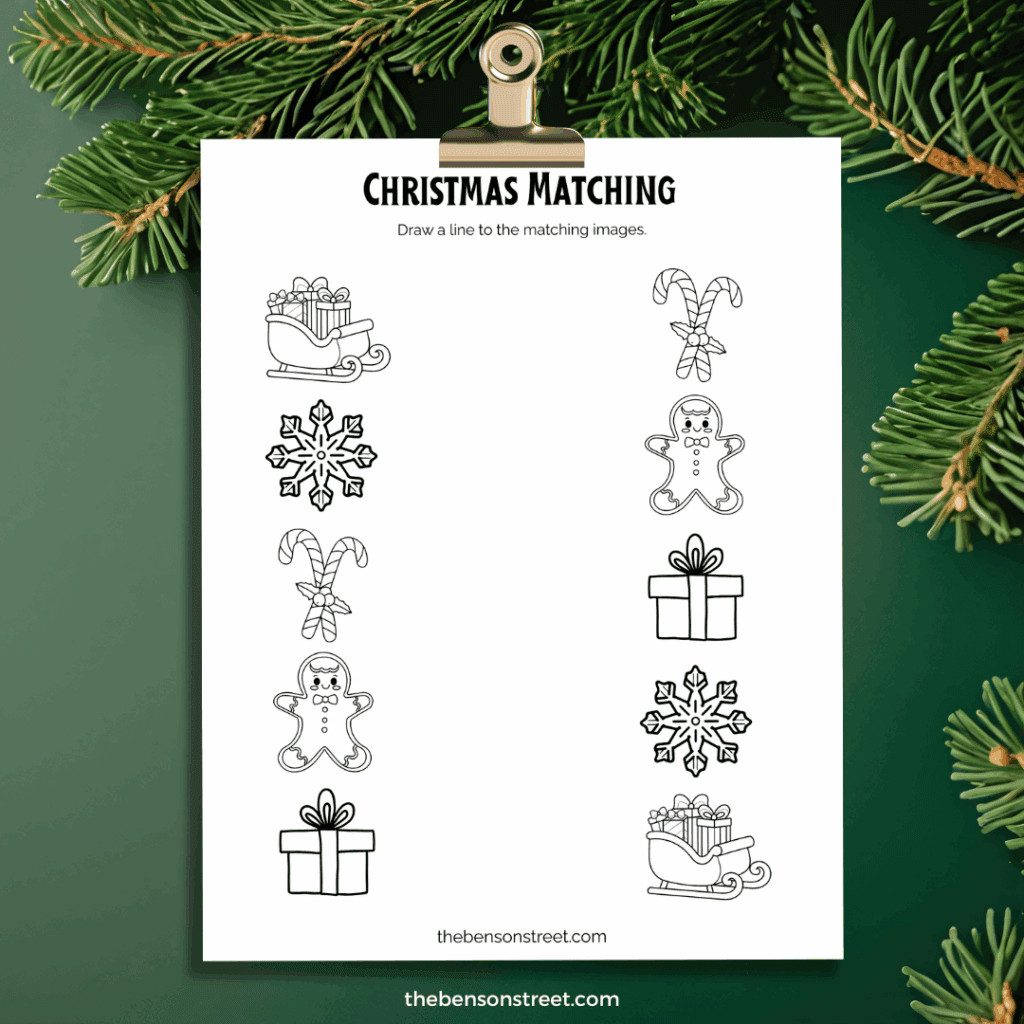 Christmas matching page from a printable christmas activity book