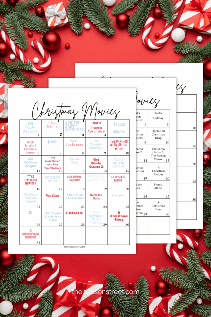 Christmas movie calendar printables. Blank or filled in on a christmas background