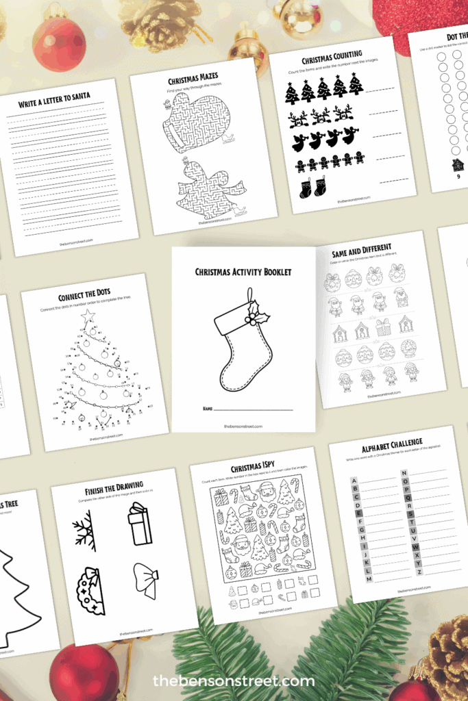 Different pages from a free to print Christmas activity book for kids