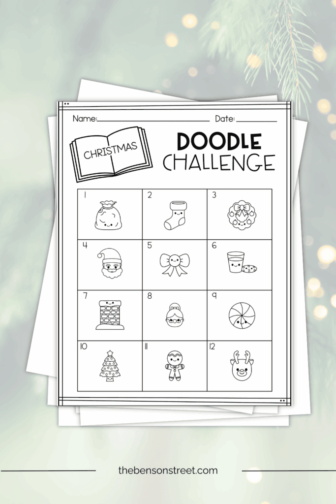 Doodle Challenge for Christmas prompt sheet free printable at thebensonstreet.com