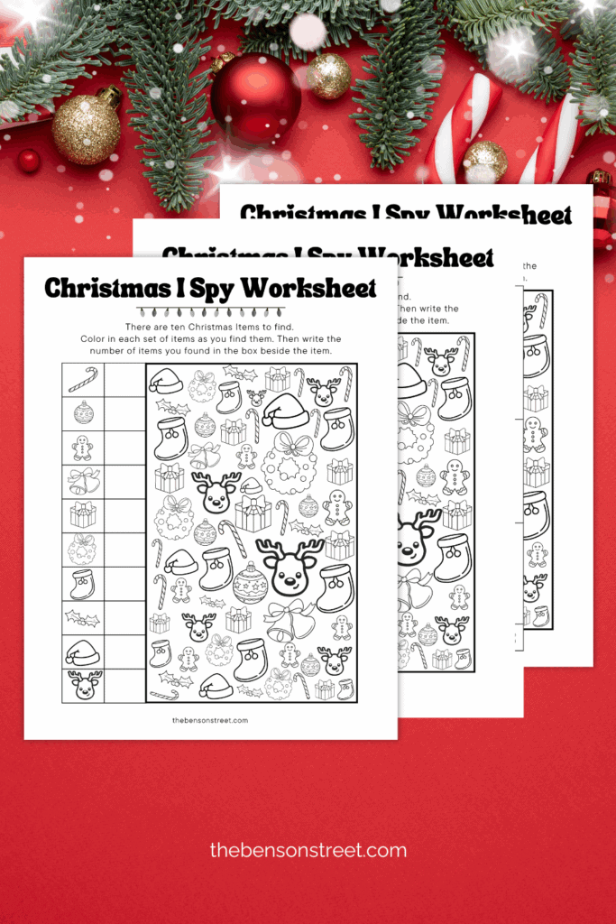 Easy Christmas I Spy Game Free Printable three sheets in a pile