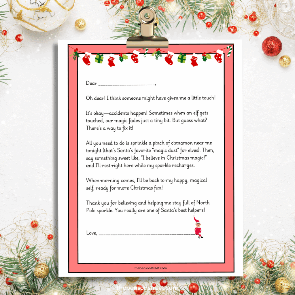 Elf accidently touched letter printable on a clip