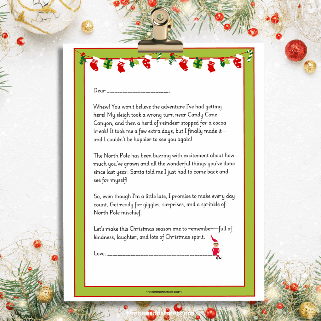 Elf late arrival letter printable on a clip