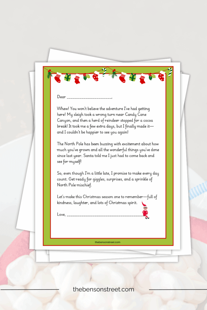 Elf on the shelf late arrival letter on top of a stack of papers 