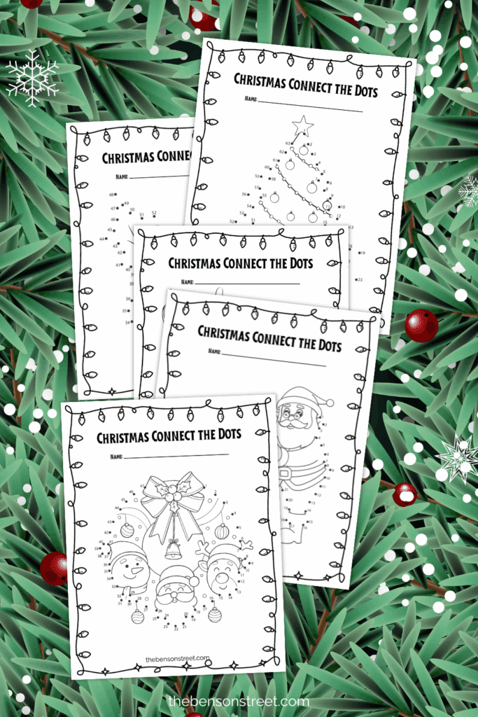 Five Different Christmas coloring dot to dot pages free to print