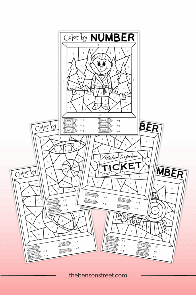 Five different coloring pages to color by number featuring items from the polar express