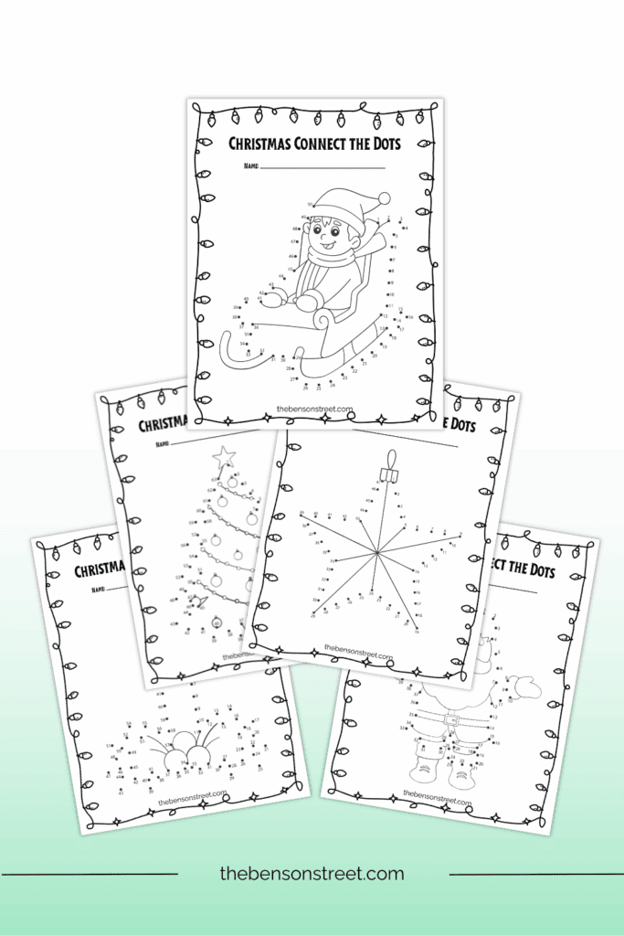 Five sheets of holiday themed connect the dot coloring pages