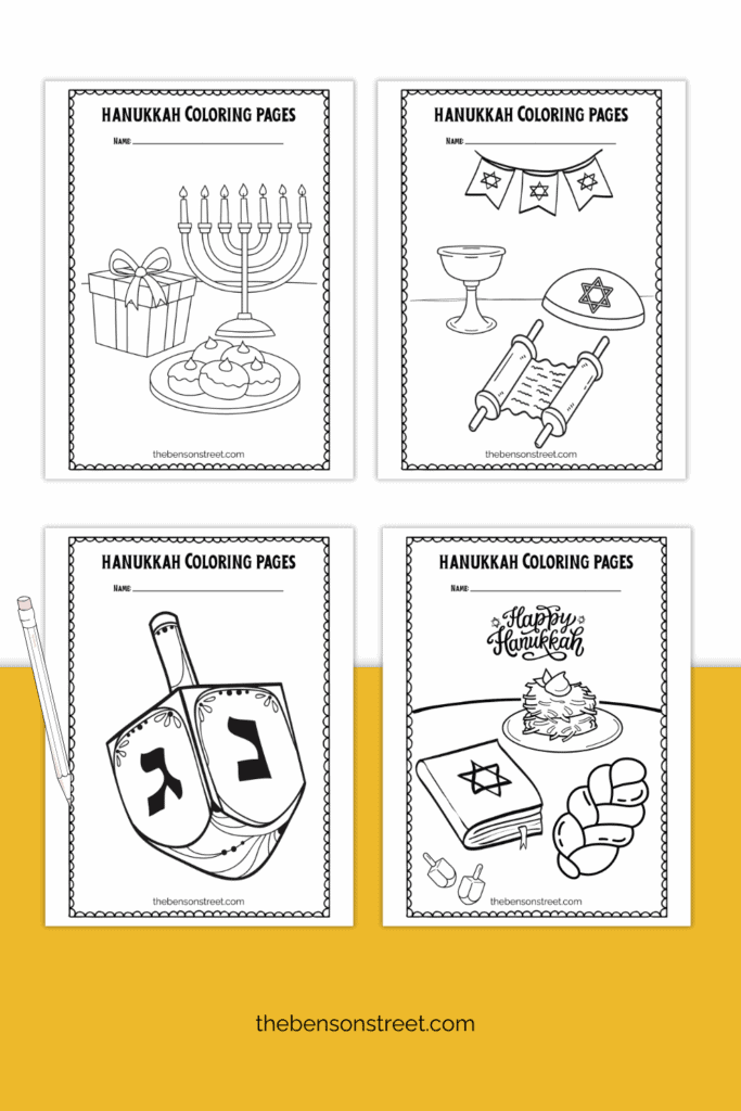 Four different free printable coloring pages for hanukkah 