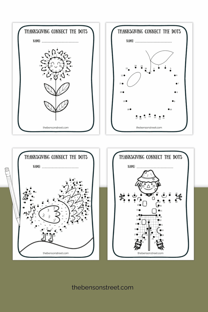 Four sheets of connect the dots for fall with a pencil on top