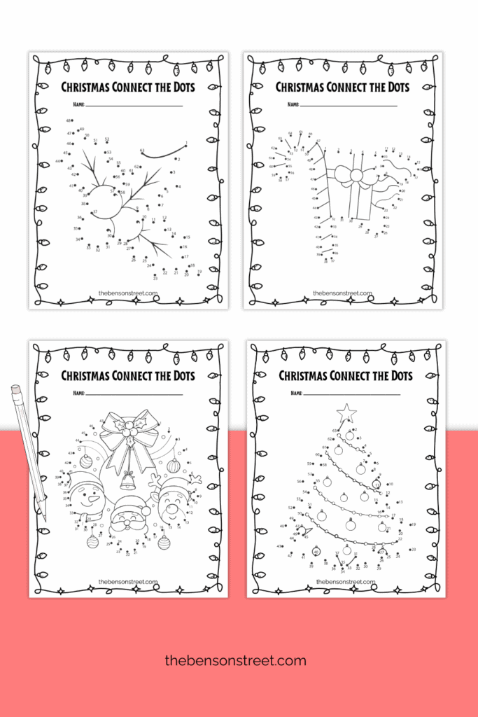 Four sheets printed off with dot to dot Christmas images with a pencil on top