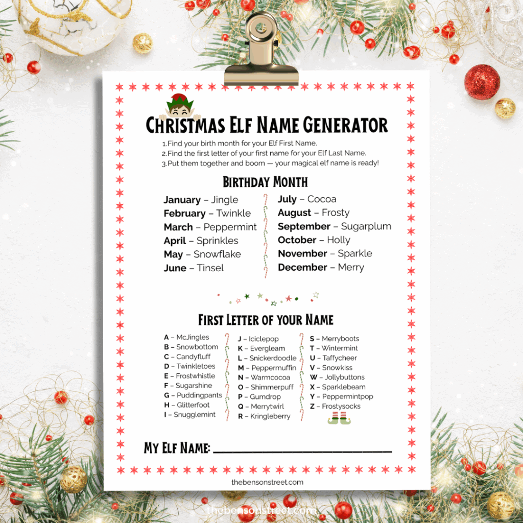 Free Christmas Elf Name Generator game on a clipboard