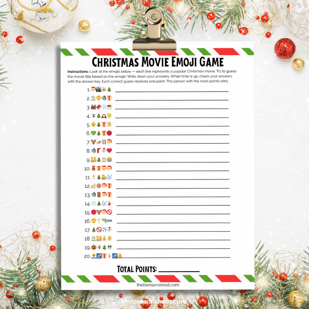 Free Christmas Movie Emoji game on a clip board