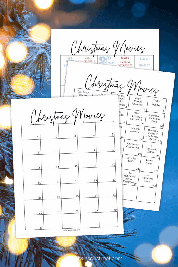 Free printable calendar of christmas movies for December