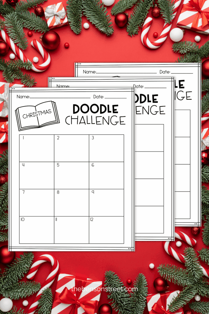 Free printable christmas doodle challenge sheets on a christmas background