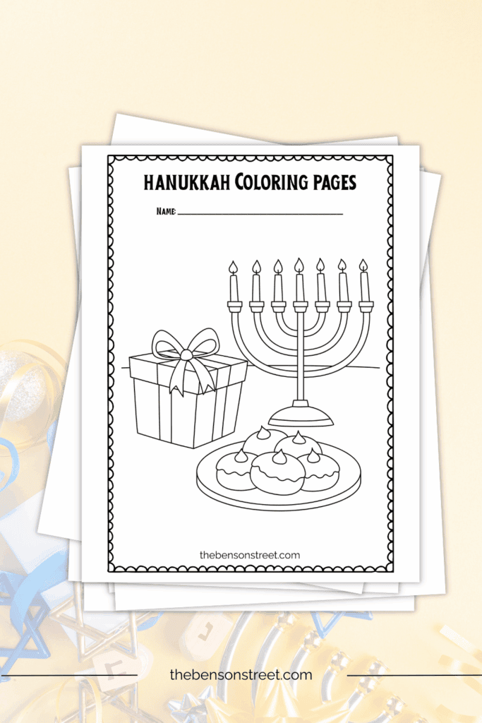 Hanukkah coloring page with a gift and menorah