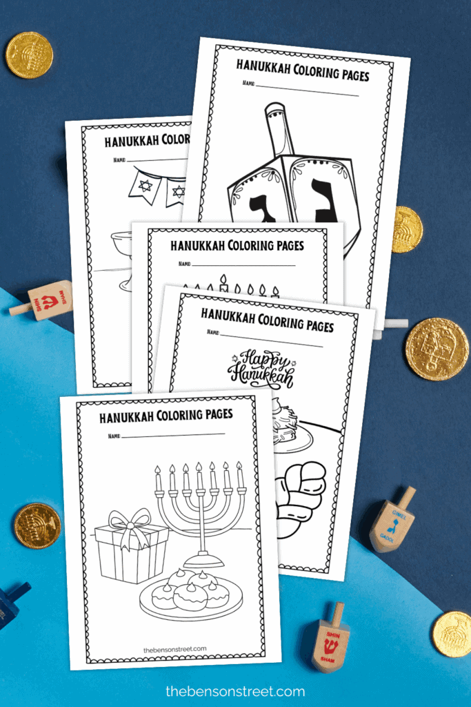 Hanukkah coloring pages on a blue background free to print