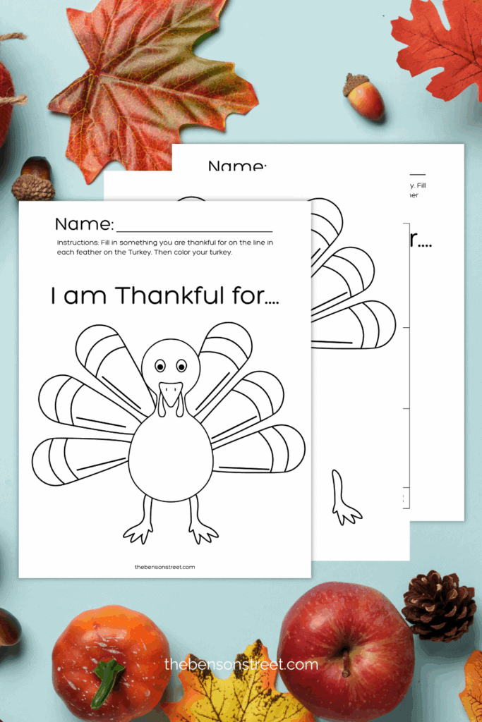 How to make a Thanksgiving Thankful Turkey printed out pages on a blue background