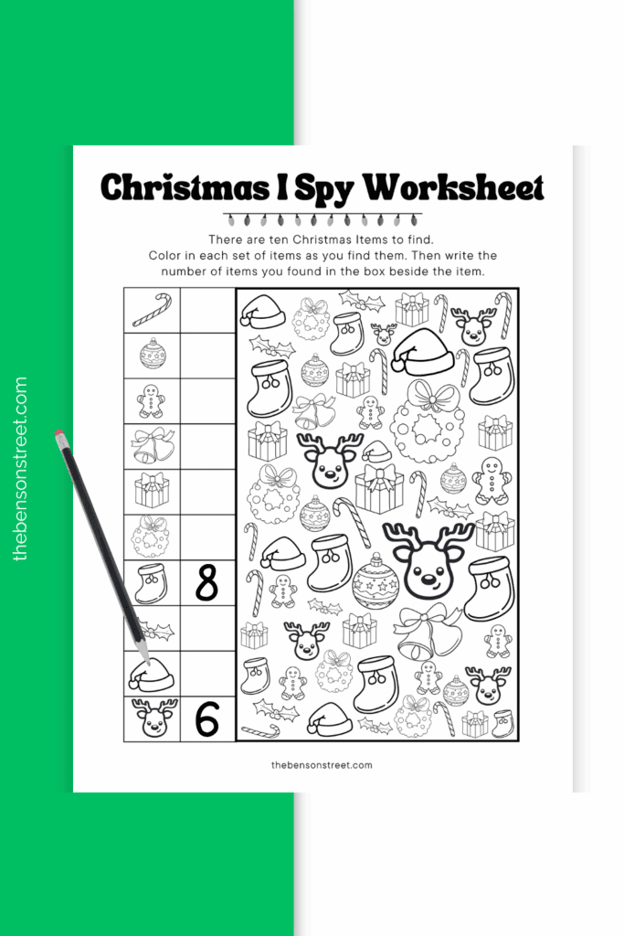I Spy Christmas worksheet with a pencil on top free to print