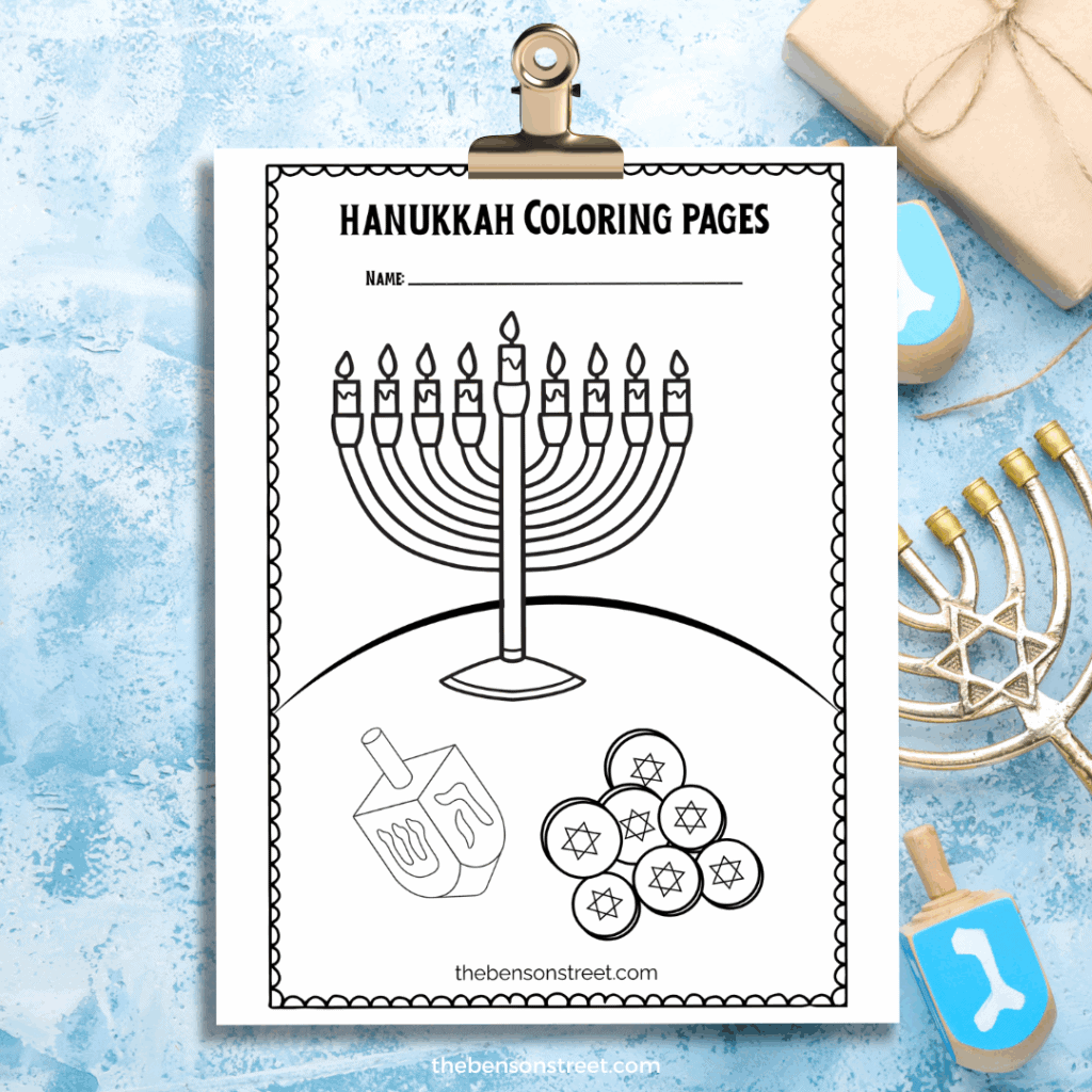Menorah, dreidel and gelt gold coloring page for hanukkah