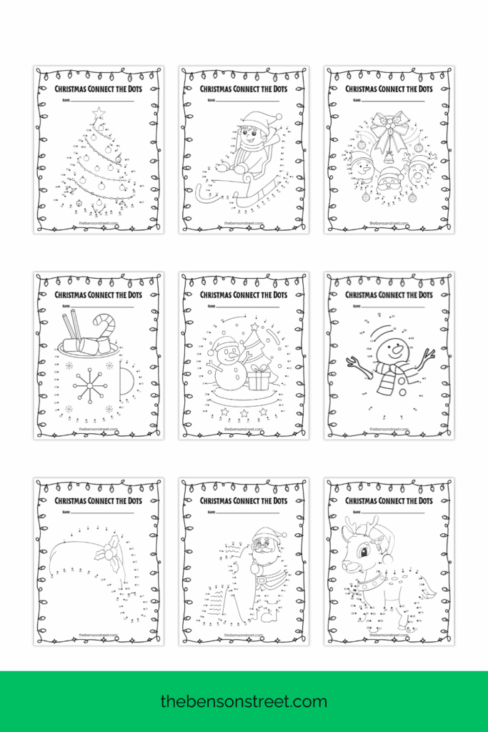 Nine different connect the dots sheets for Christmas