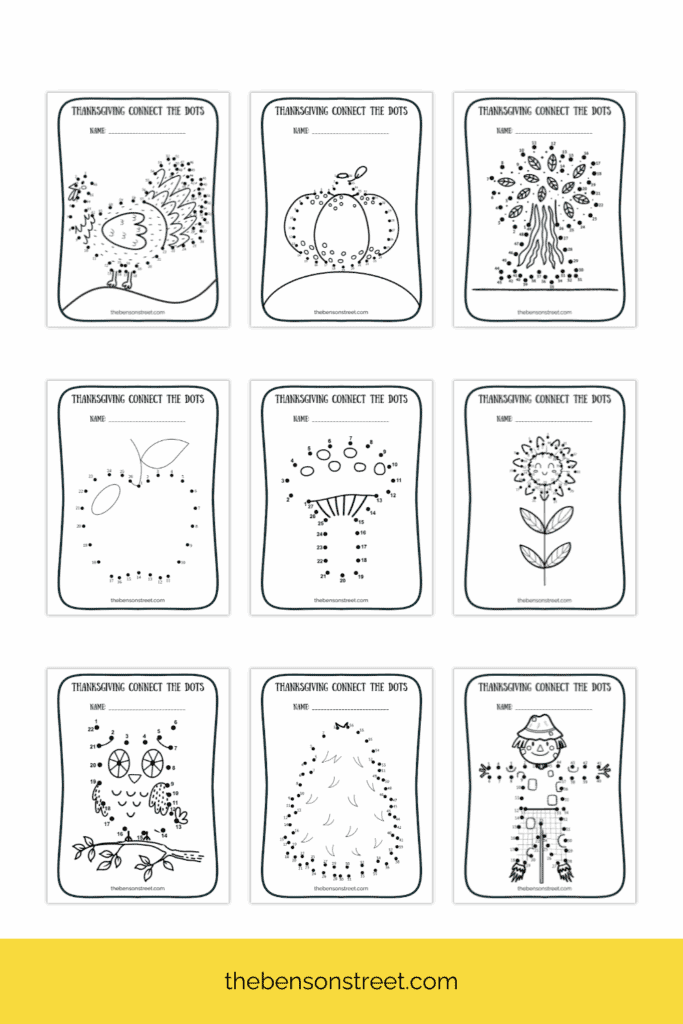 Nine pages of printable dot sheets for thanksgiving