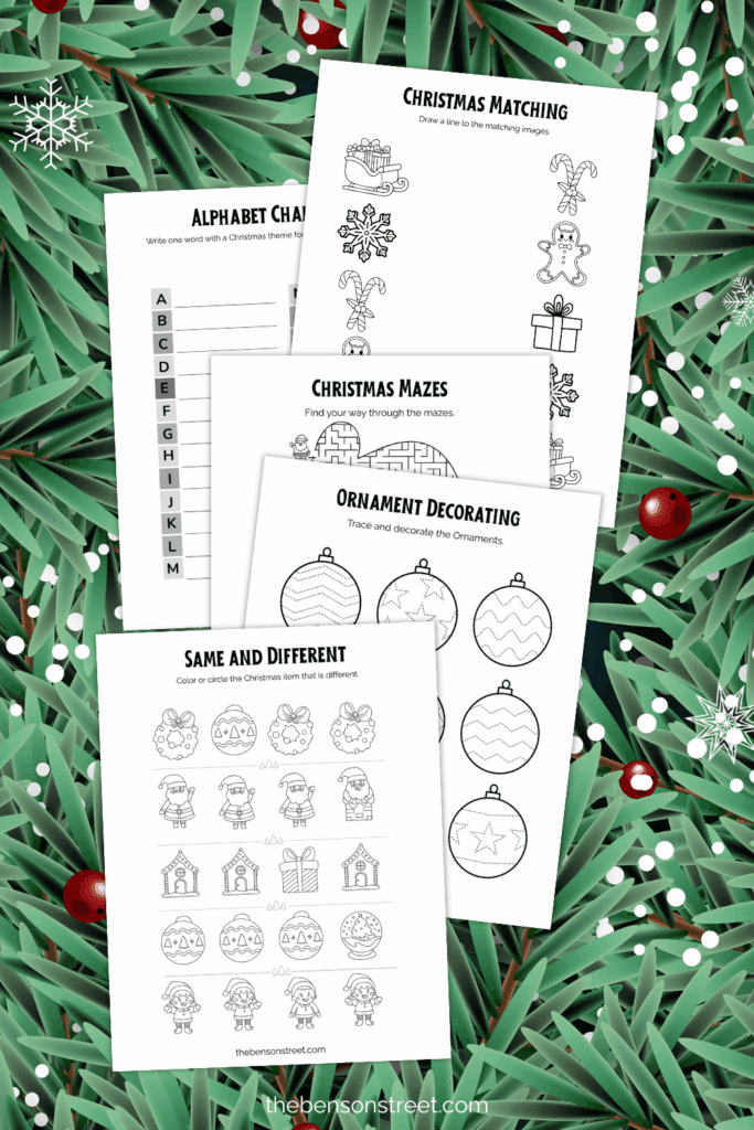 Over 15 free printable activity sheets for kids with a Christmas theme
