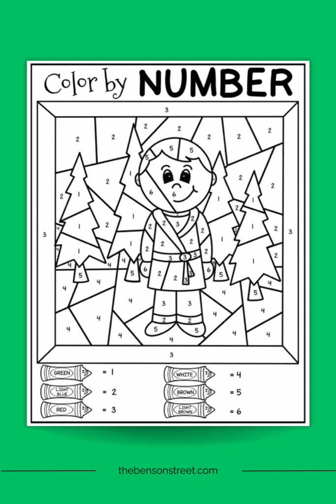 Polar Express Color by number page with a boy in a bathrobe