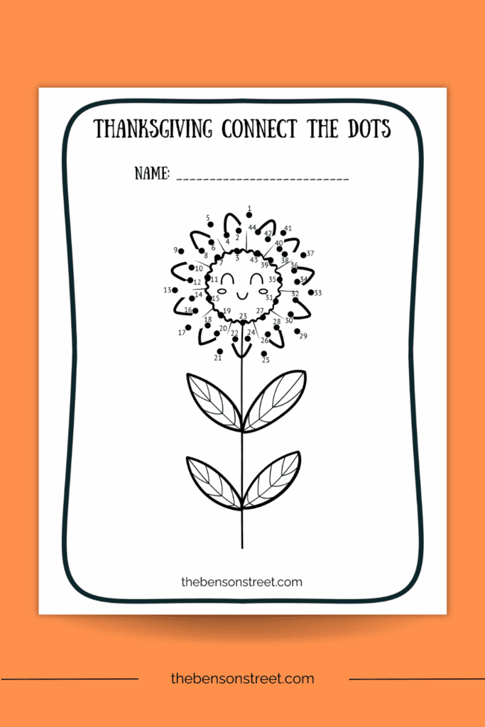 Sunflower dot to dot page for Thanksgiving free printable