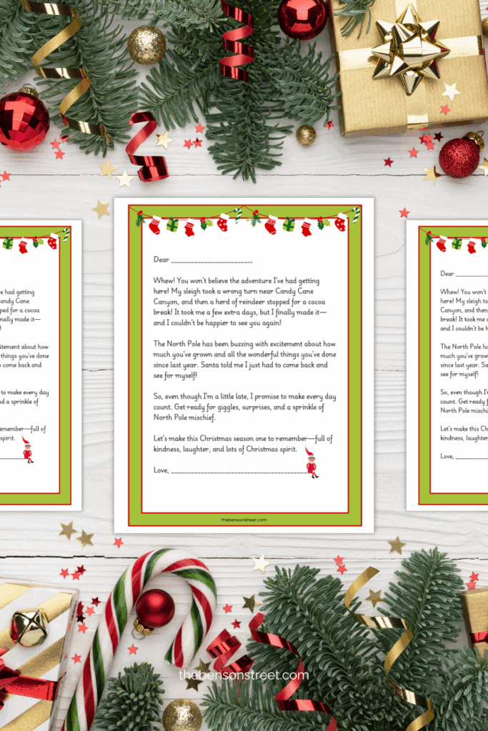 Three sheets of a late arrival letter for elf on the shelf free printable on a wood background