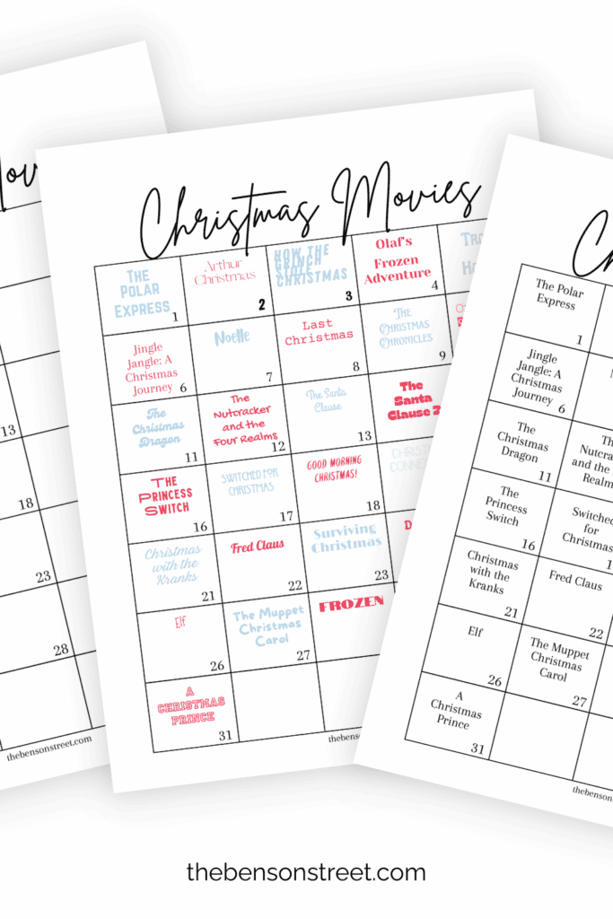 Three fanned out sheets of different versions of a Christmas movies calendar