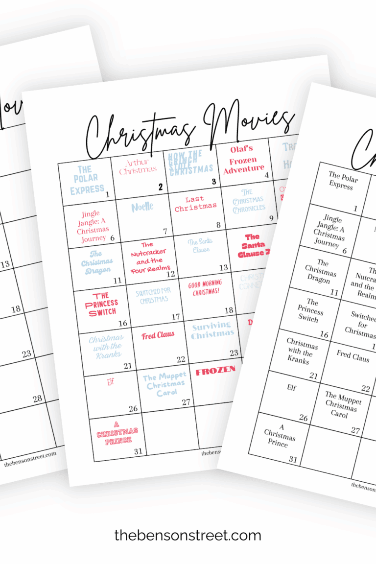 Three fanned out sheets of different versions of a Christmas movies calendar