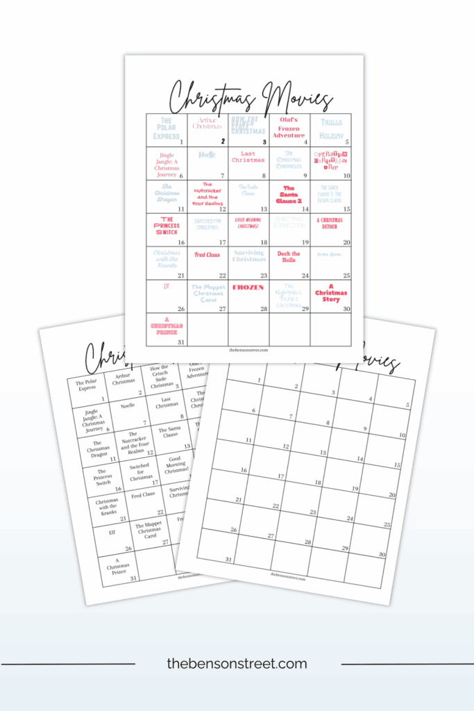 Three pages in a stack of christmas movies to watch on a printable calendar