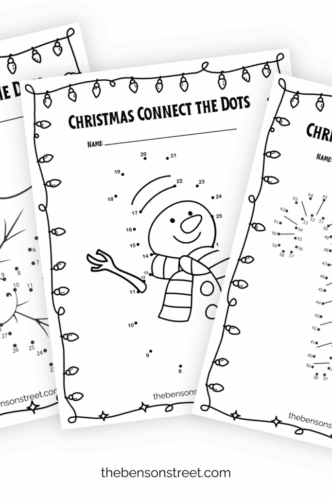 Three pages of Christmas Connect the Dots Printable pages fanned out in a pile