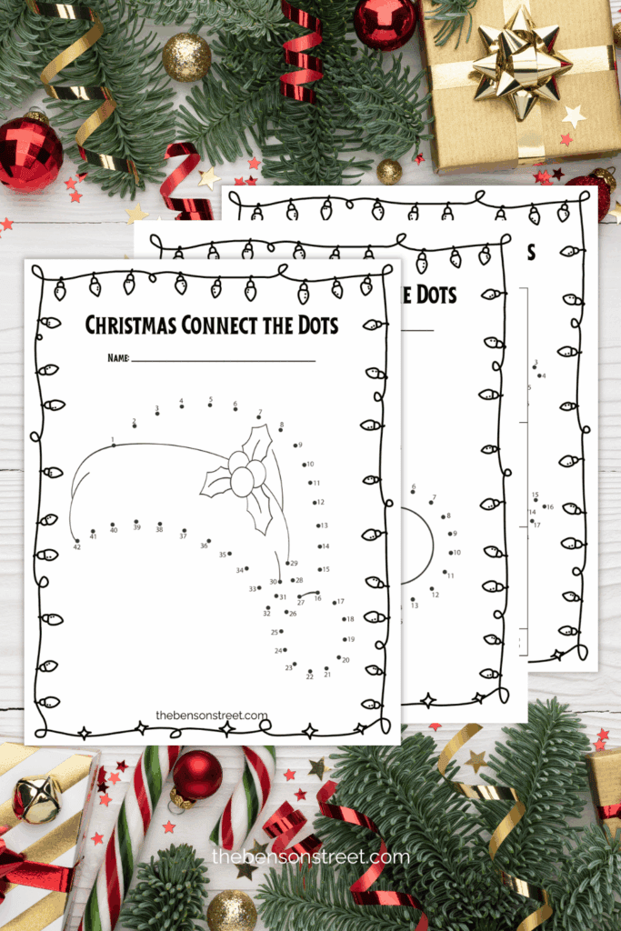 Three pages of Christmas connect the dots sheets on a christmas background