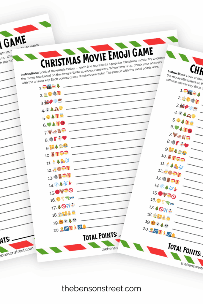Three pages of a christmas movie emoji game in a fanned out pile
