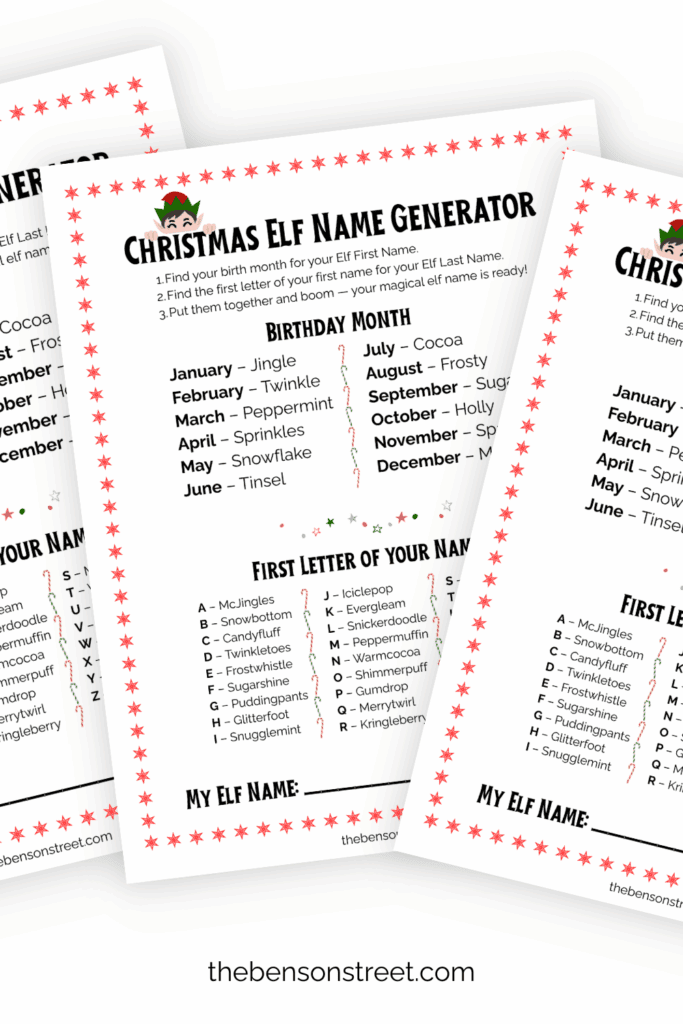 Three pages of a free Christmas elf name generator